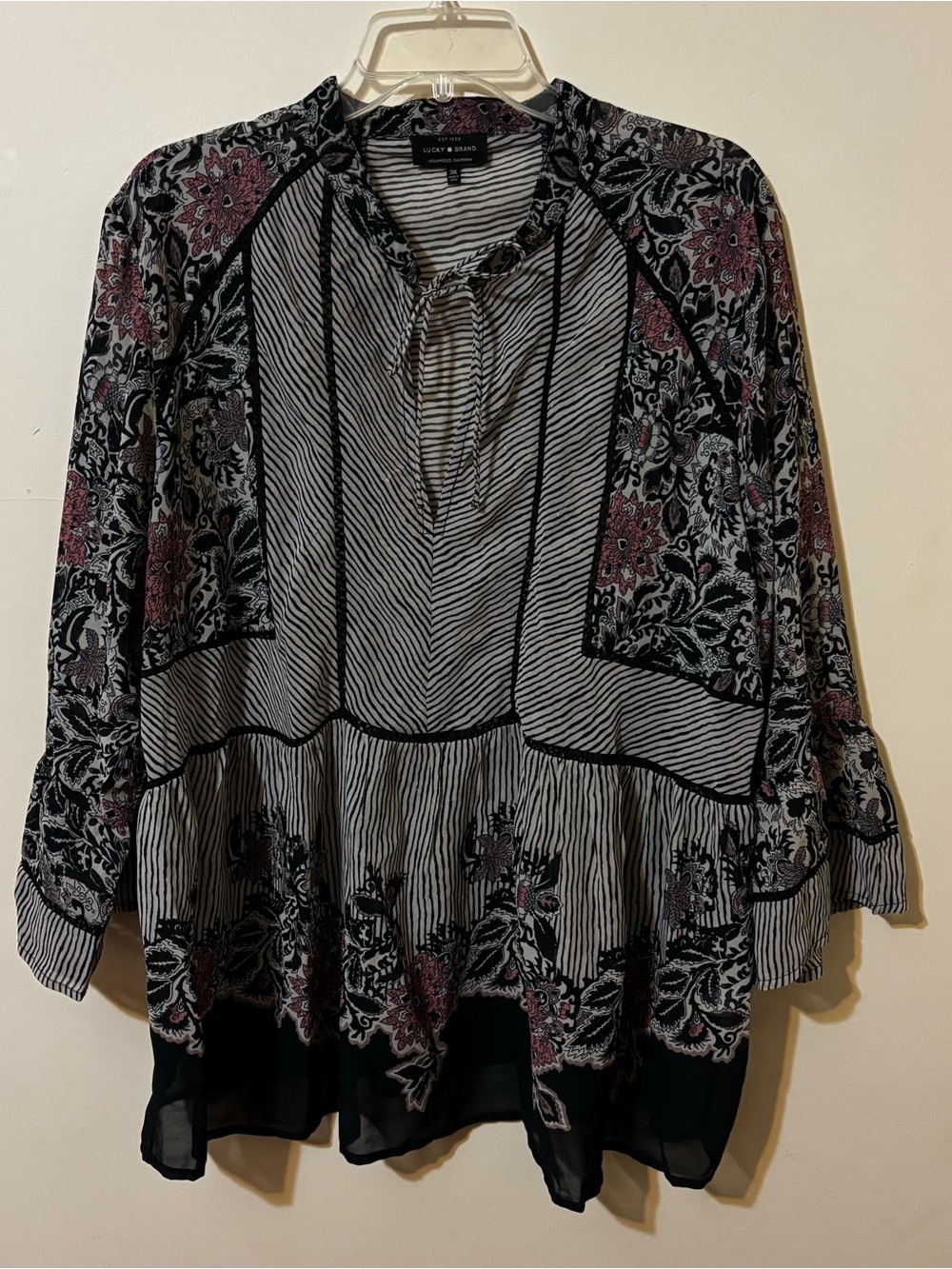 Lucky Brand Mixed Print Boho Peasant Blouse Striped Floral Bell Sleeve Size 3X - Picture 3 of 11